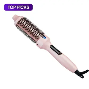 Pink 1.5 Inch Heated Round Thermal Brush  Negative Ions Hair Curler Brush  LED Display  Dual Voltage  Less Damage  Blowout Wavy Styling for Long-Lasting Waves & Straightening
