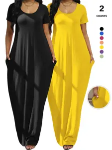 Plus Size Women's Solid Color Dress, Sexy Round Neck Short-Sleeved Long Dress, European and American Summer New Arrival, Casual Style