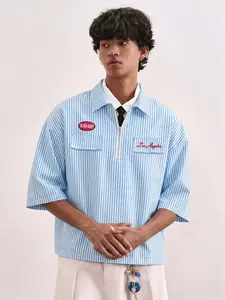 American Casual Blue Striped Collared Half-Zip Short Sleeve Shirt, Embroidered Logo, Loose Fit, Refreshing and Youthful Style