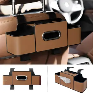 Car Back Seat Organizer with 2 Cup Holders & Tissue Box – Leather Multifunctional Backseat Storage with Hook for Family Travel