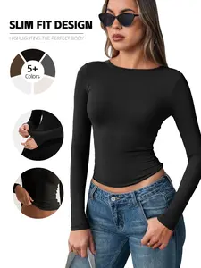 Women's Casual Sporty Long Sleeve Top, High Stretch Breathable Yoga Shirt, Round Neck Pullover Outerwear, All Seasons Woven Fabric, Athletic Yoga Tops