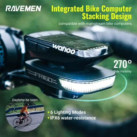 RAVEMEN FR160 Stealth LED Bike Headlight with Reflector - 55g Rechargeable Battery-Powered Bicycle Part, Garmin-Fitting Integrated Stackable Design, 6 Modes (3 Flashing+3 Steady), 270° Side Safety, IPX6 Waterproof, Mode Memory, COB LEDs