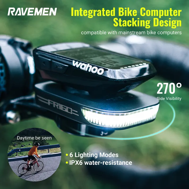 RAVEMEN FR160 Stealth LED Bike Headlight with Reflector - 55g Rechargeable Battery-Powered Bicycle Part, Garmin-Fitting Integrated Stackable Design, 6 Modes (3 Flashing+3 Steady), 270° Side Safety, IPX6 Waterproof, Mode Memory, COB LEDs