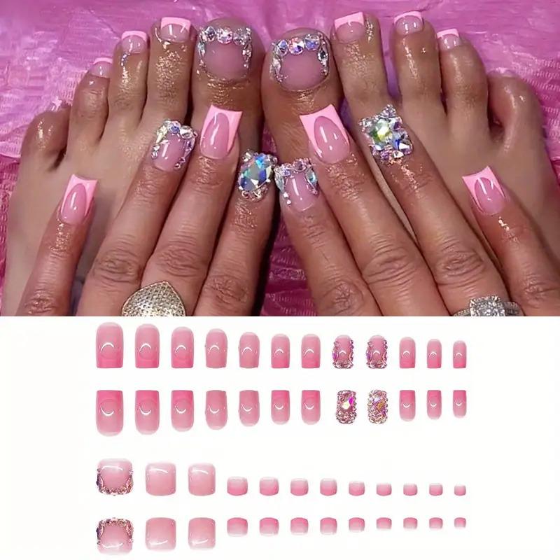 [Fashionable Nail Kit] 2 Pack 48PCS Handmade Pressing Nail and Toe Nail Set |   Pink Square Nails with 3D Rhinestones, Glossy French Pointed Design, Fashionable Nail Kit for Women