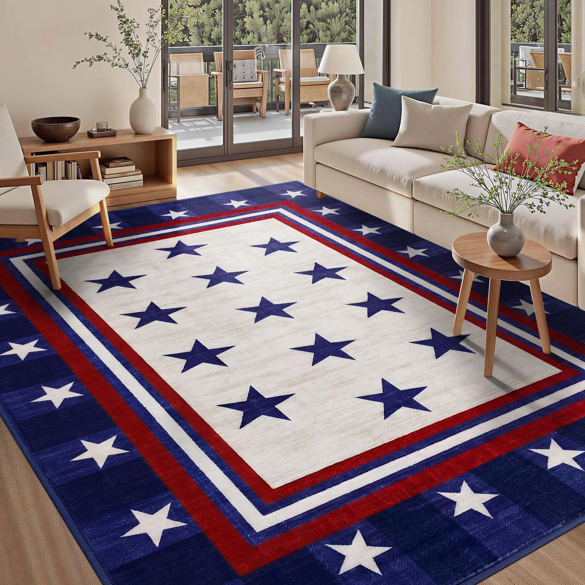 American Flag Rug 3x5, Washable USA Patriotic Area Rug with Non-Slip Backing, Low Pile Indoor Mat for Living Room, Bedroom, Entryway, Kitchen, Front Door, Office Decor, Blue Beige