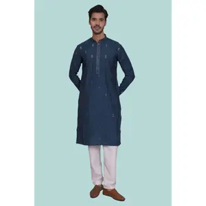Men Fine Blue Kurta embroidered along neckline | Best social and festival wear