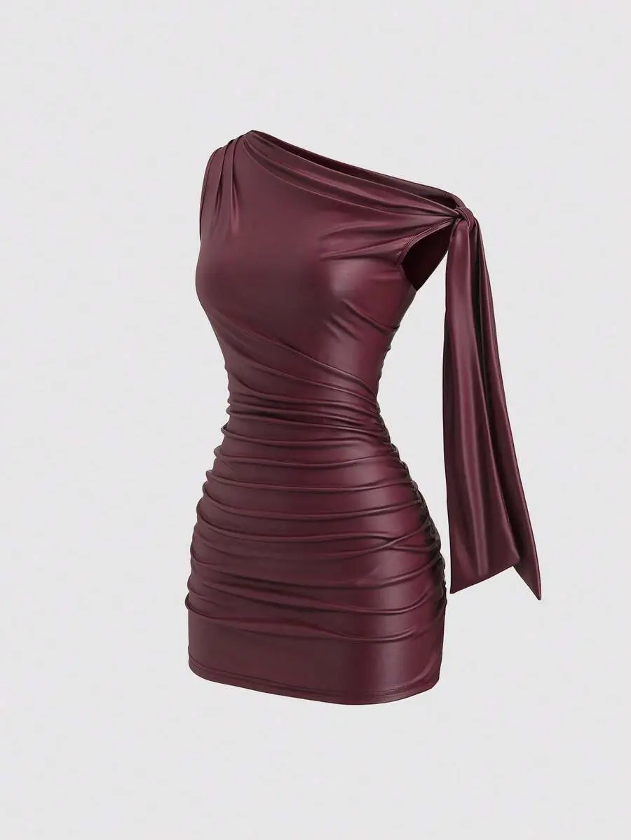 LUNA LAYER Womens Asymmetric Neck Ruched Coated Bodycon Mini Dress