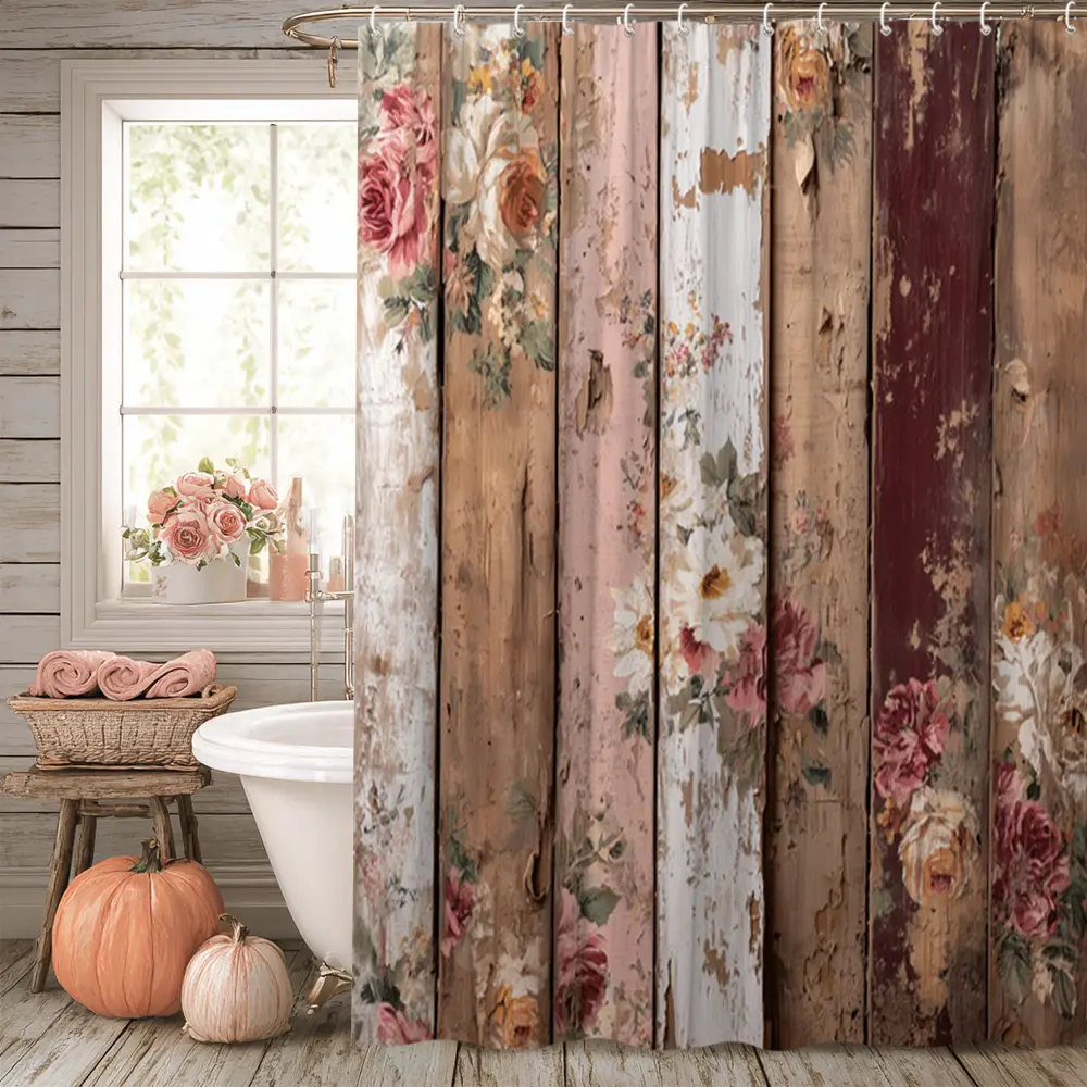 Design forest farmhouse shower curtains for bathroom with old wooden boards and rural floral patterns, Flower, polyester fabric, bathtubs, bathroom home decor shower curtains, equipped with 12 hooks, Bathroom Decoration Accessories