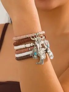 6-Piece Stackable Western Charm Bracelet Set with Turquoise & Cowboy Charms | Boho Gift for Her, Festival & Daily Looks