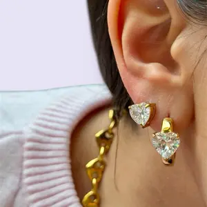 Heart Shape Huggies Earrings in Stainless Steel with Sparkling CZ Stones for Everyday Wear