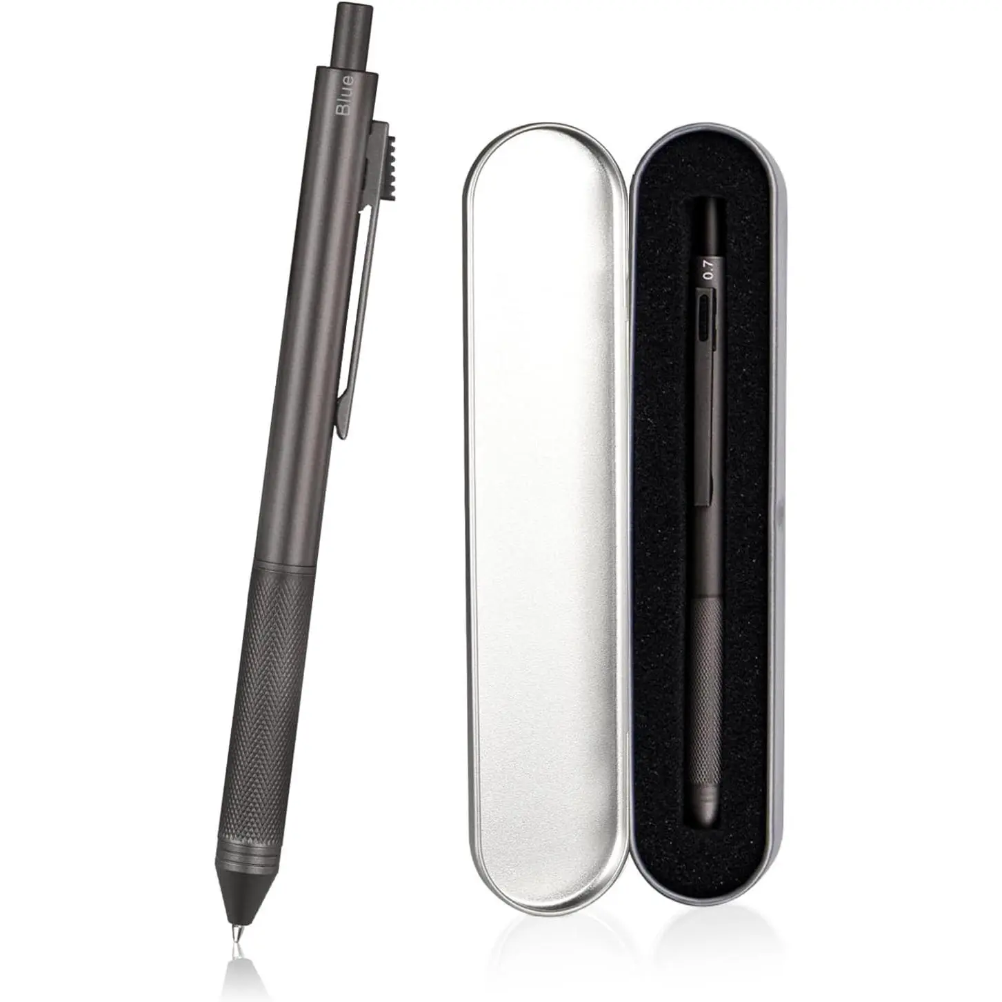 4-in-1 Multi-Function Refillable Retractable Ballpoint Pen & 0.7mm Mechanical Pencil, Fine Point, Solid Grey Metal Barrel, Black/Red/Blue Ink Color Coding, Aviation D1 Compatible, Team Recommended, With Metal Box, Satisfaction Guarantee, Durable, Engraved