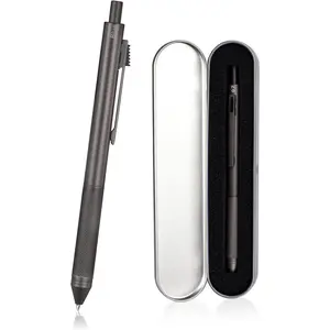 4-in-1 Multi-Function Refillable Retractable Ballpoint Pen & 0.7mm Mechanical Pencil, Fine Point, Solid Grey Metal Barrel, Black/Red/Blue Ink Color Coding, Aviation D1 Compatible, Team Recommended, With Metal Box, Satisfaction Guarantee, Durable, Engraved