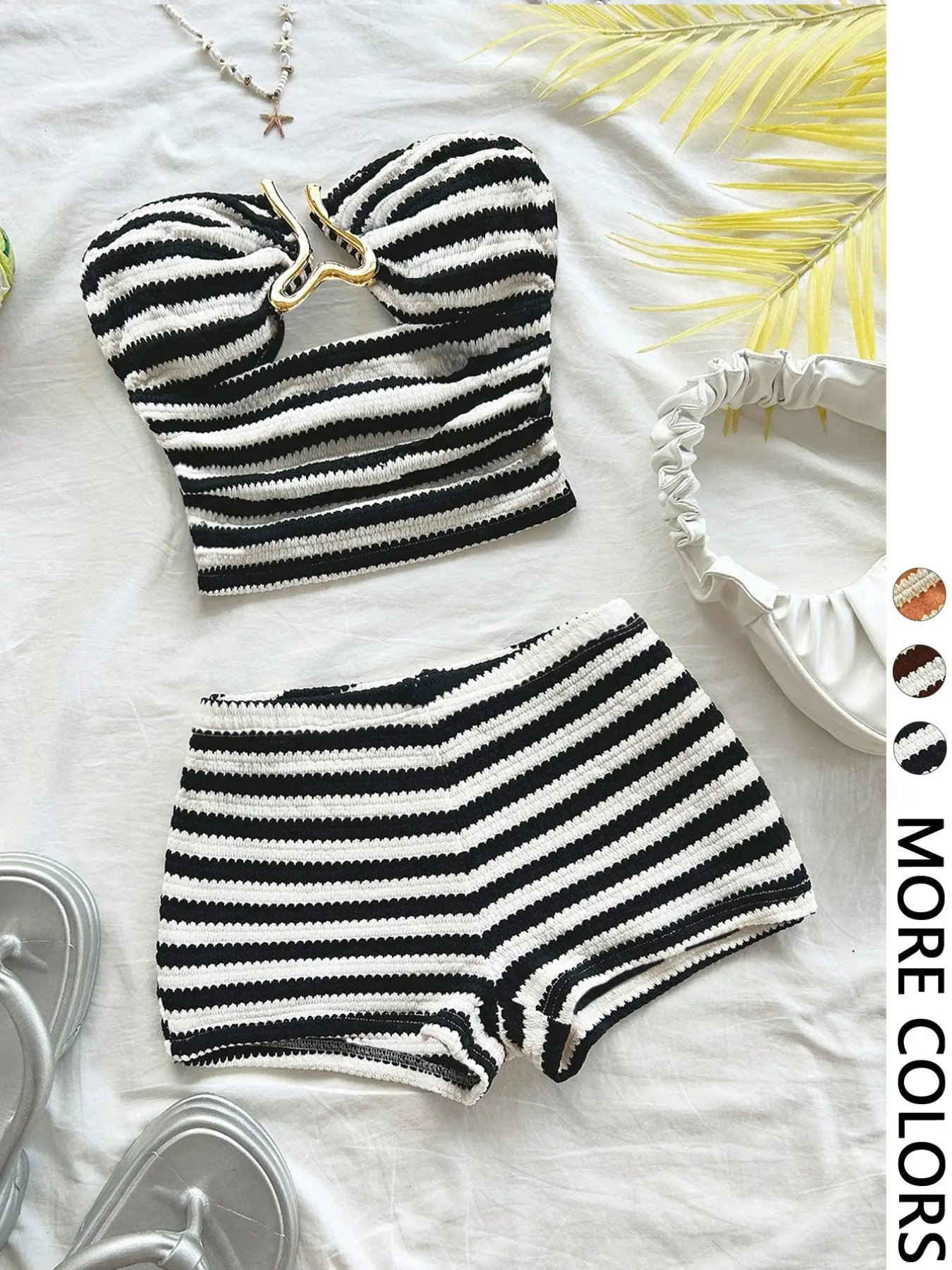 2pcs Women's Vacation Energetic Black & White Striped Textured Cropped Halter Top With Metal Buckle Decor And Super Short Casual Pants Matching Outfit Set, Suitable For Dates, Parties, Casual Beach Vacation