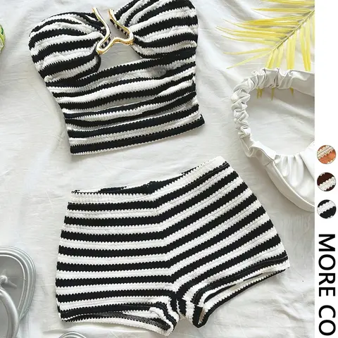 2pcs Women's Black & White Striped Textured Cropped Strapless Top with Metal Buckle Detail and Casual Shorts Matching Set, Suitable for Dates, Parties & Beach Vacation, Casual Chic Set