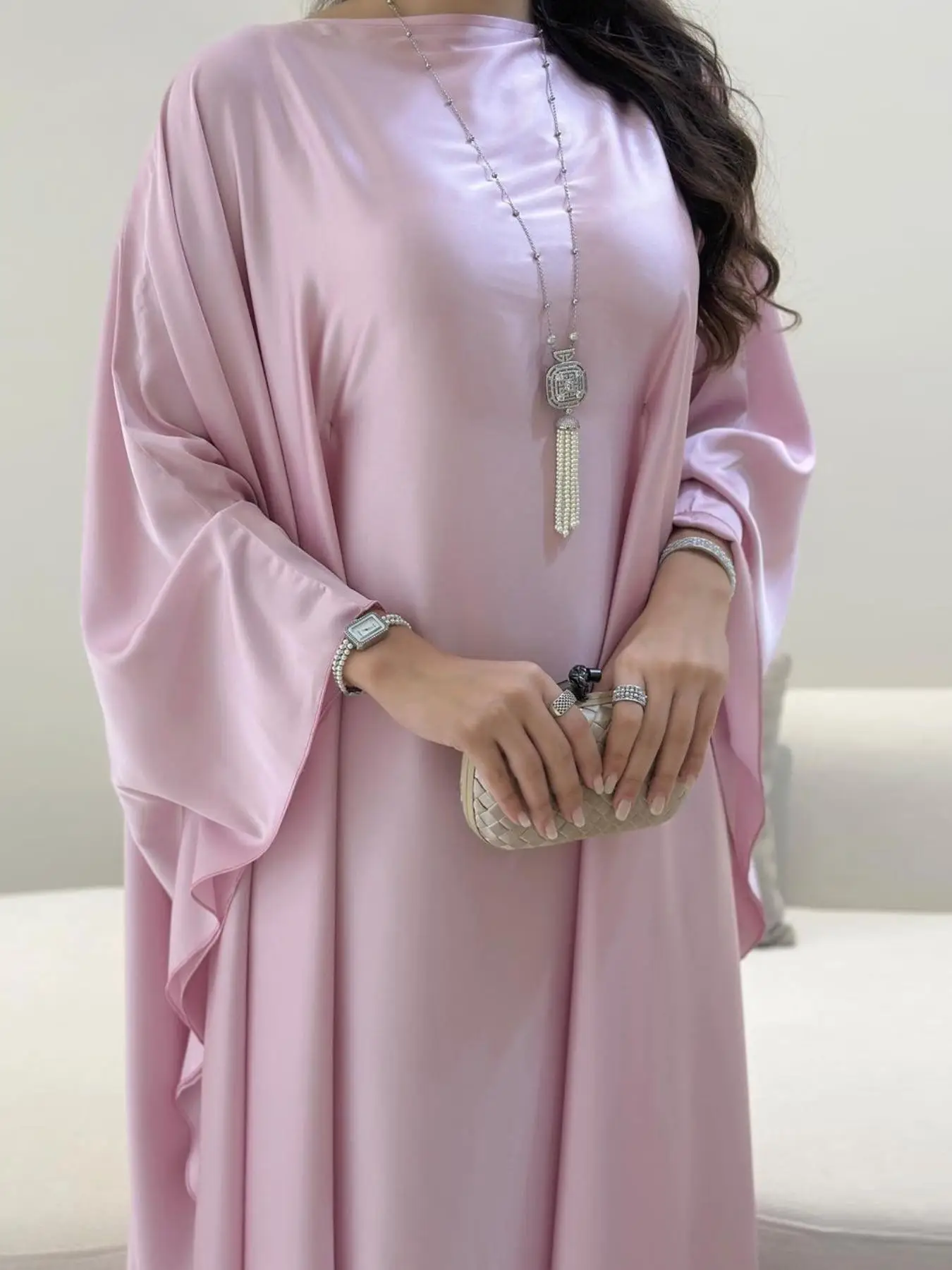 Arabic Clothing-Women's Solid Boat Neck Batwing Sleeve Kaftan, Modest Elegant Long Sleeve Long Dress, Women's Islamic Clothing for Daily Wear