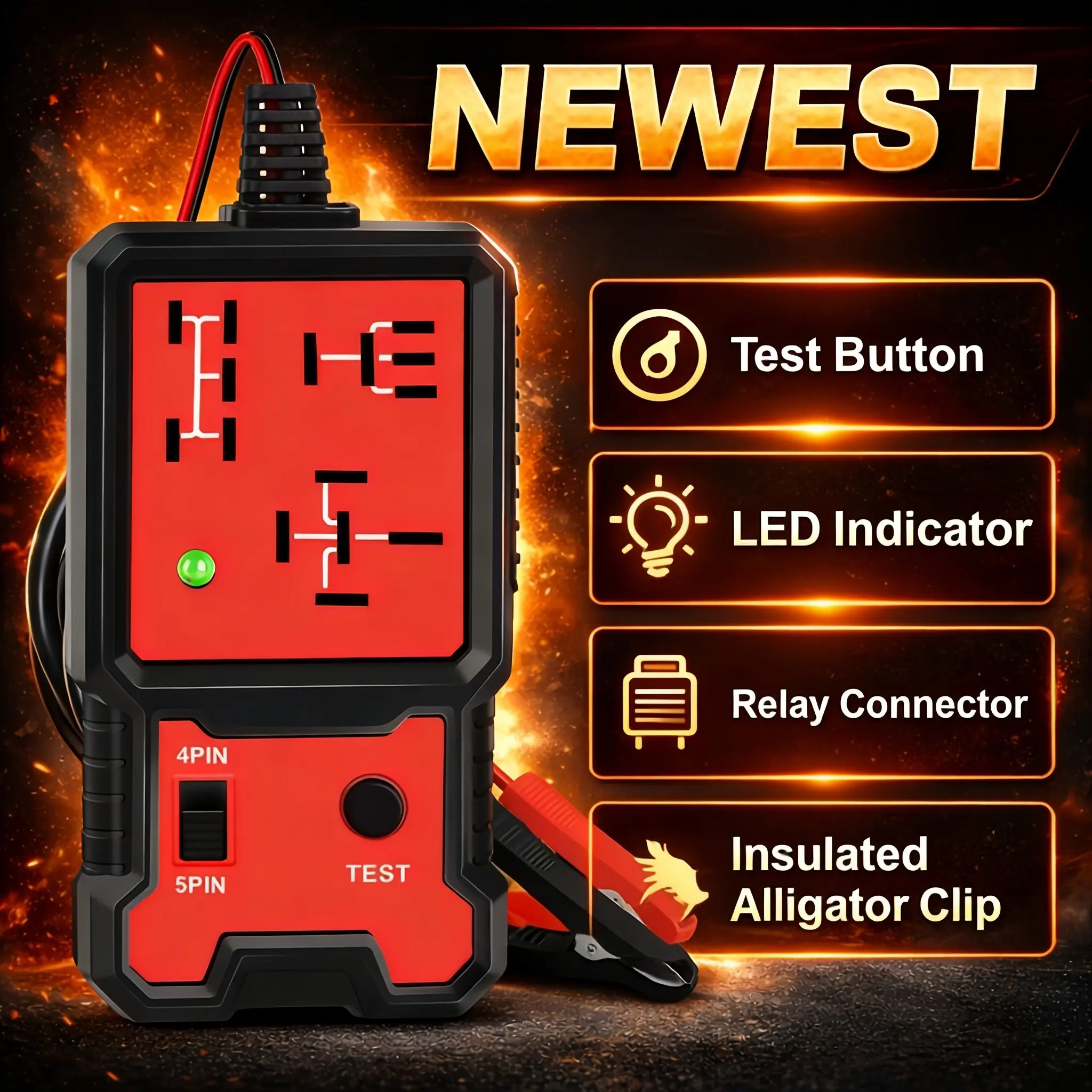 12V Automotive Relay Tester and Diagnostic Tool with Battery Clips, Durable Abs Shell for 4 and 5 Pin Relays, Quick Fault Detection and Analysis in and, Universal Relay Tester, Relay Voltage Tester