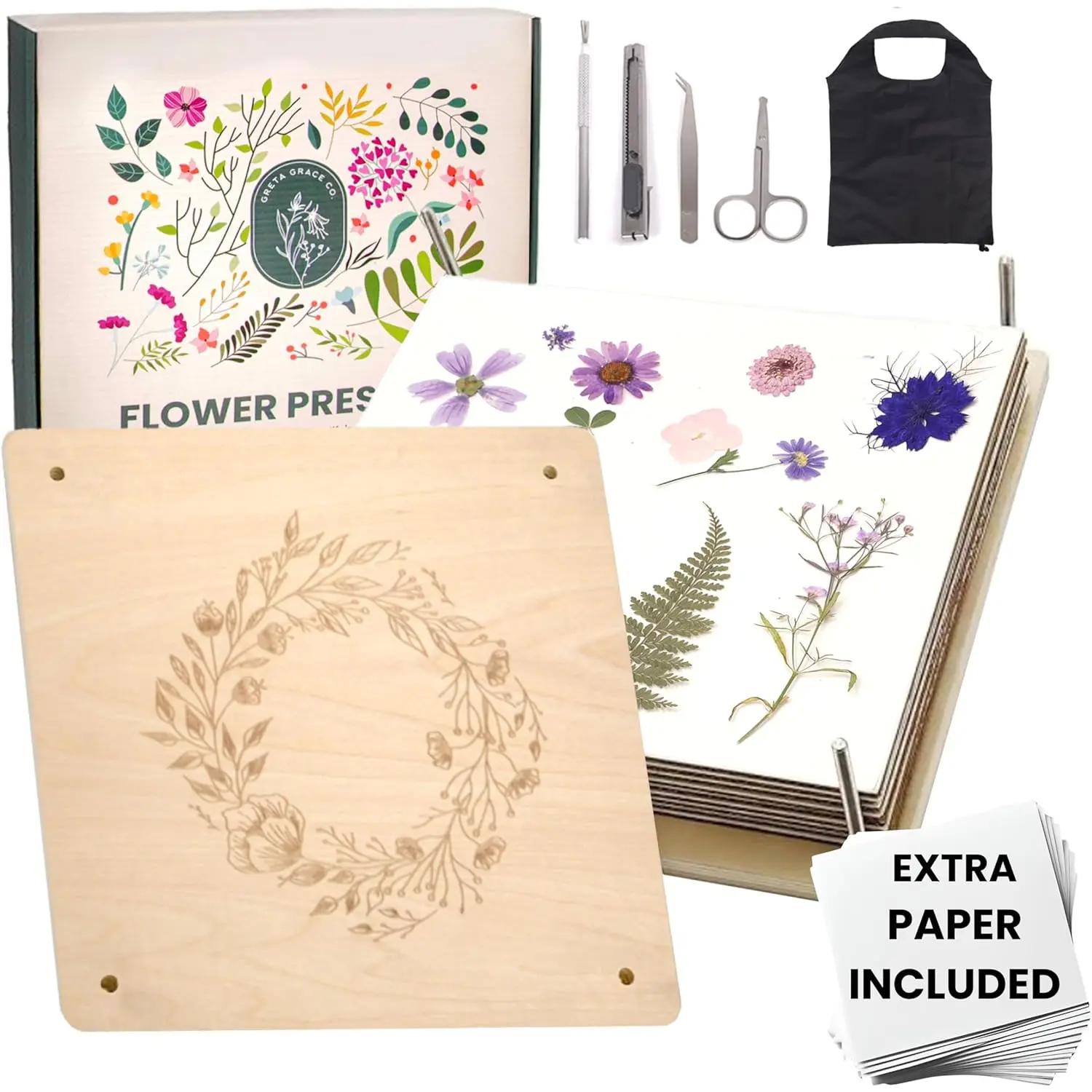 Large Flower Press Kit | 11"x11" 10 Layers |  Wooden Flower Pressing Kit, Tools, & Storage Bag | DIY Pressed Flower  Preservation Kit |   | Crafting Kits for Adults &