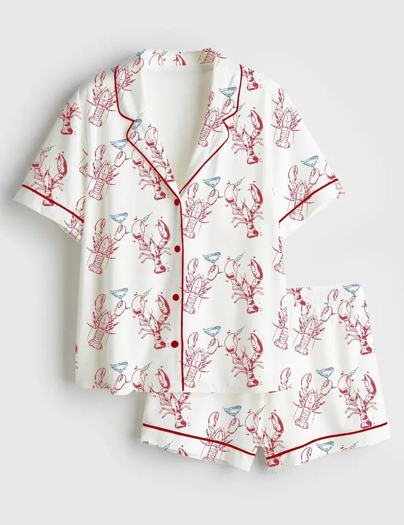 Lobster Dirty Martini Short Sleeve Satin Pajama Set for Fans Animal Cute Gifts For Her Loungewear Shirt with Chest Pocket and Elastic Waistband 100% Polyester Satin
