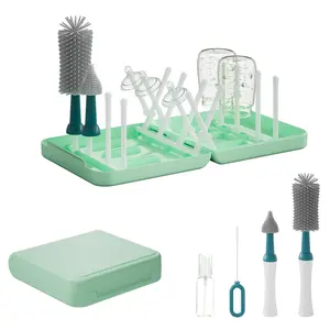 Portable Baby Bottle Brush Set with Multiple Brushes,Soap Dispenser, Foldable Bottle Drying Rack for 16 Bottles, Bottle Cleaner Brush Set for Bottles and Baby Accessories, Baby Travel Essential