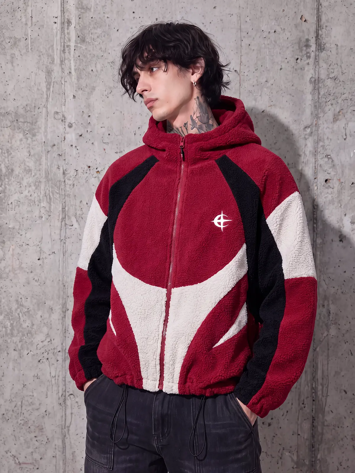 Men's Faux Sherpa Fleece Hoodie Jacket Warm Teddy Fleece Full Zip Up Hooded Sweatshirt Color Block Plush Jacket Soft Cozy Winter Streetwear Casual Oversized Outerwear for Fall Winter Daily Wear