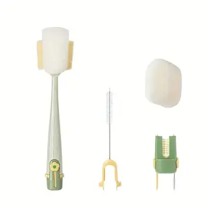 5-In-1 Long Handle Cup Brush Set, Multi-Functional Cleaning Tool, Safe Sponge & Hard Bristle Heads, Detachable Deep Dish Scrubber, Cleaner