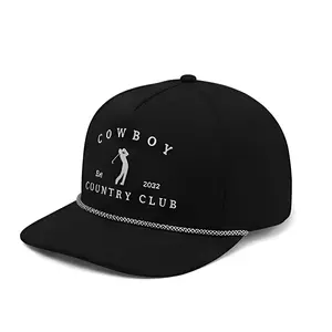 Cowboy Country Club Classic Black Rope Hat - Monochromatic Retro Golf Snapback Cap, 5-Panel Structured Athletic Hat, Premium Adjustable Streetwear Sun Cap