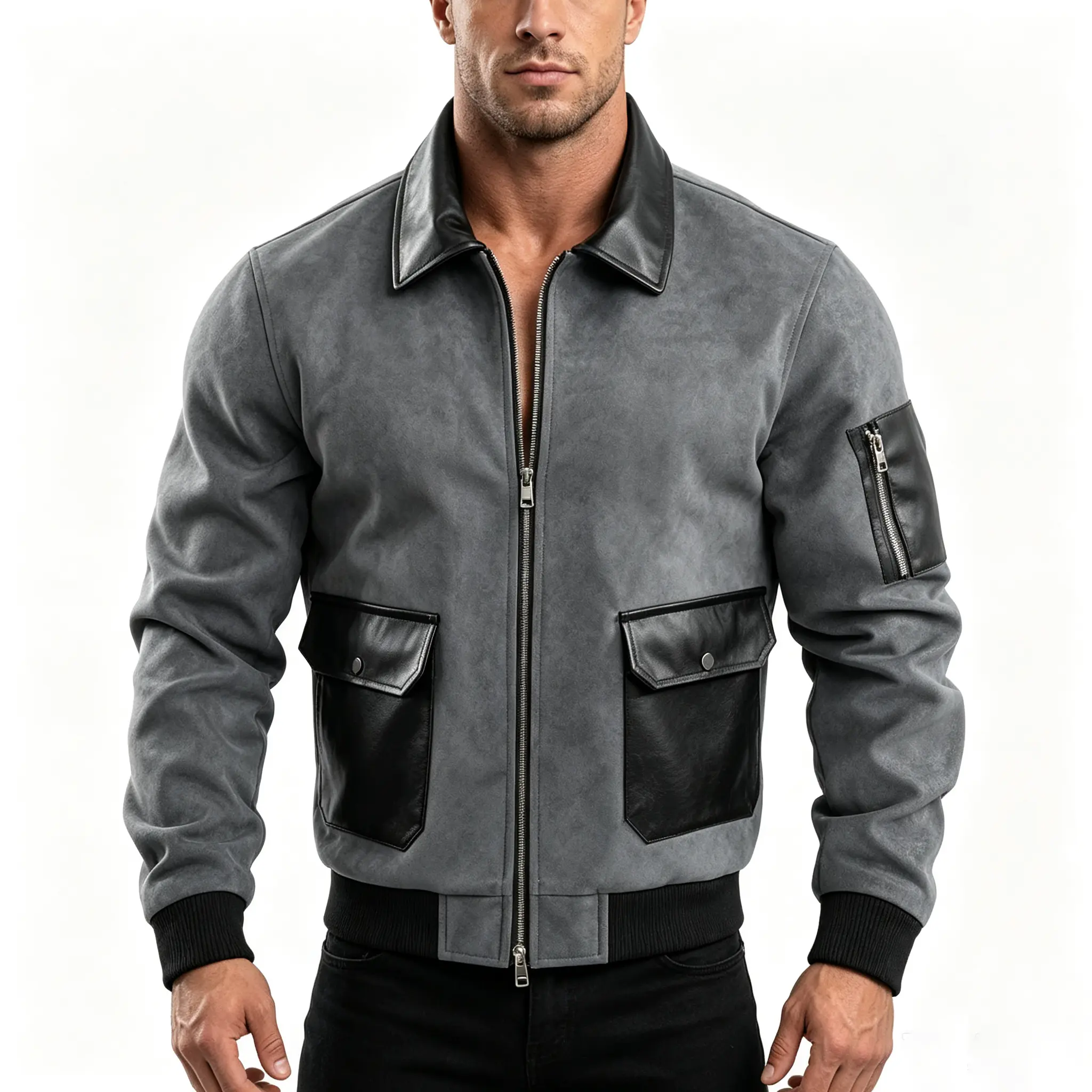 Men's Vintage Workwear Jacket in Patchwork Suede Fabric, Cropped Aviator Garment with PU Leather Trim and Zipper, Menswear, Ribbed, Tops, Coats, Glossy, Elastic, Casual, Long Sleeve, Layer, Streetwear, Colorblock, Hem, Aviator Look