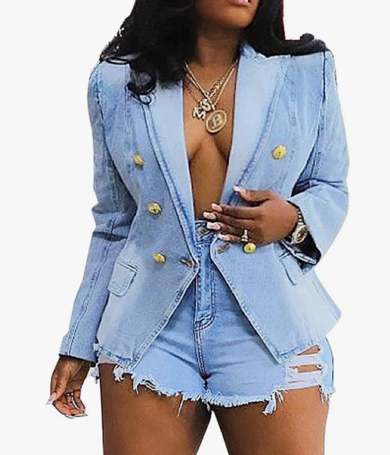 Women's Denim Blazer lapel collar open front slim fit work office