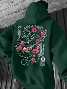 Men's Autumn Winter Japanese Style Dragon Print Fitted Hoodie, Soft Cotton Fabric, Warm and Breathable, Perfect Gift for Boyfriend