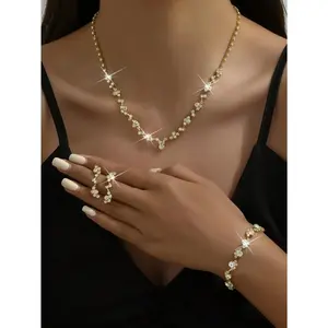 4pcs/Set Gold-Color Minimalist Delicate Claw Chain Necklace Earrings Bracelet Set, Fashion Accessories For Prom Or Party