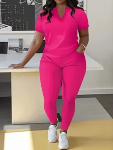Women's Plus Size 2-Piece Casual Sports Set, Round Neck Top & Long Trousers, Comfortable Stylish Activewear