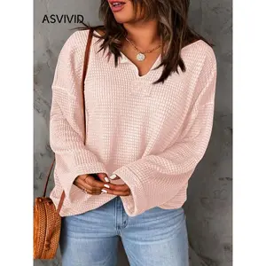 ??Plus Size?? Solid Notched Neck Waffle Knit Sweatshirt Knitwear, Casual Drop Shoulder Long Sleeve Pullover, Women's Fall & Winter Clothes for Daily Wear