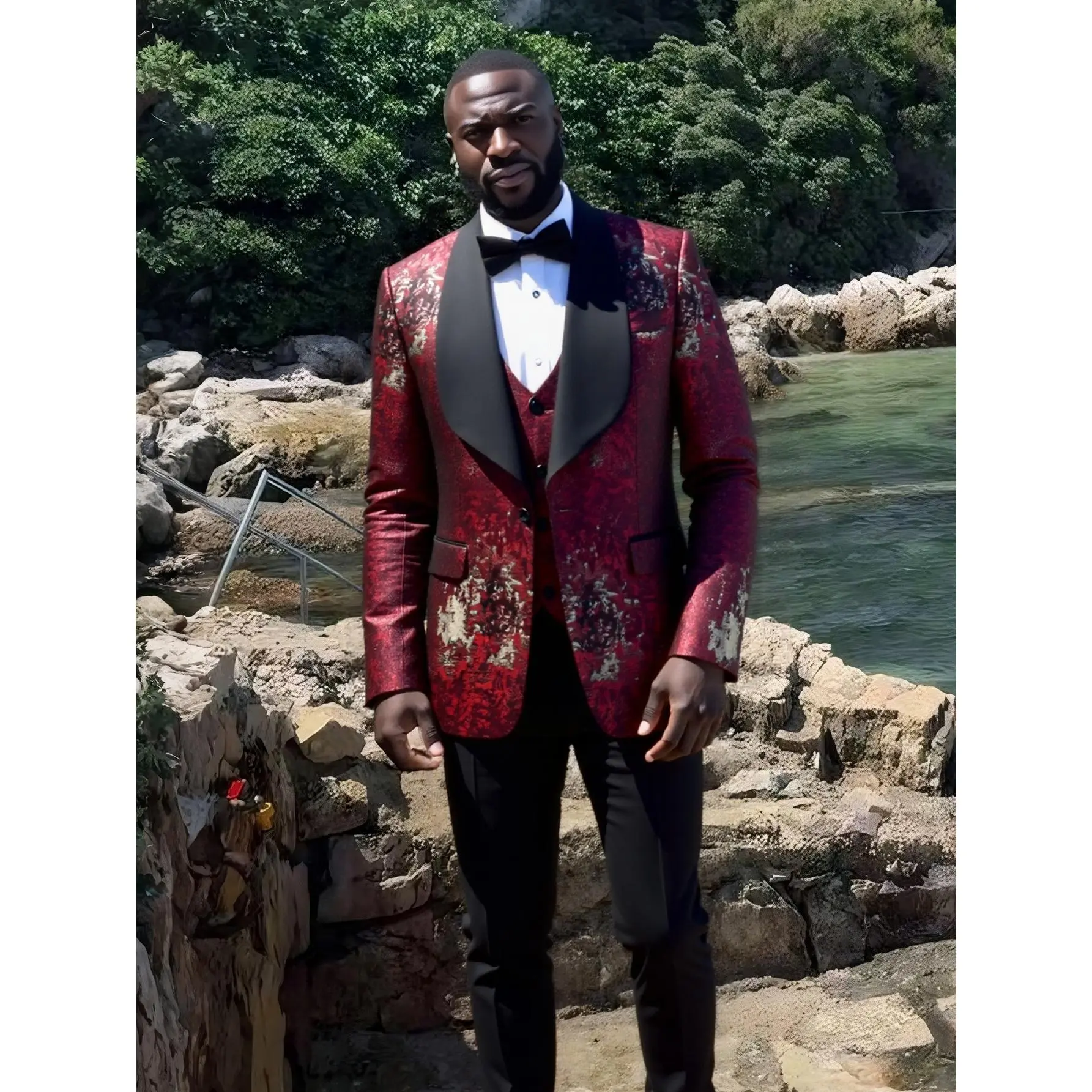 Men's 3-Piece Polyester Tuxedo Suit - Stylish Shawl Lapel Long Sleeve Blazer with Jacquard Print, Layering Vest, Black Trouser for Wedding, Prom | Menswear Top