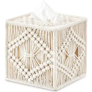 Tissue Box Cover Macrame Square Open-Bottom Tissue Box Holder Boho Decor Tissue Organizer Bohemian Handmade Woven Tissue Cube Box for Bathroom Bedroom Dresser Living Room Office Dorm, Ivory