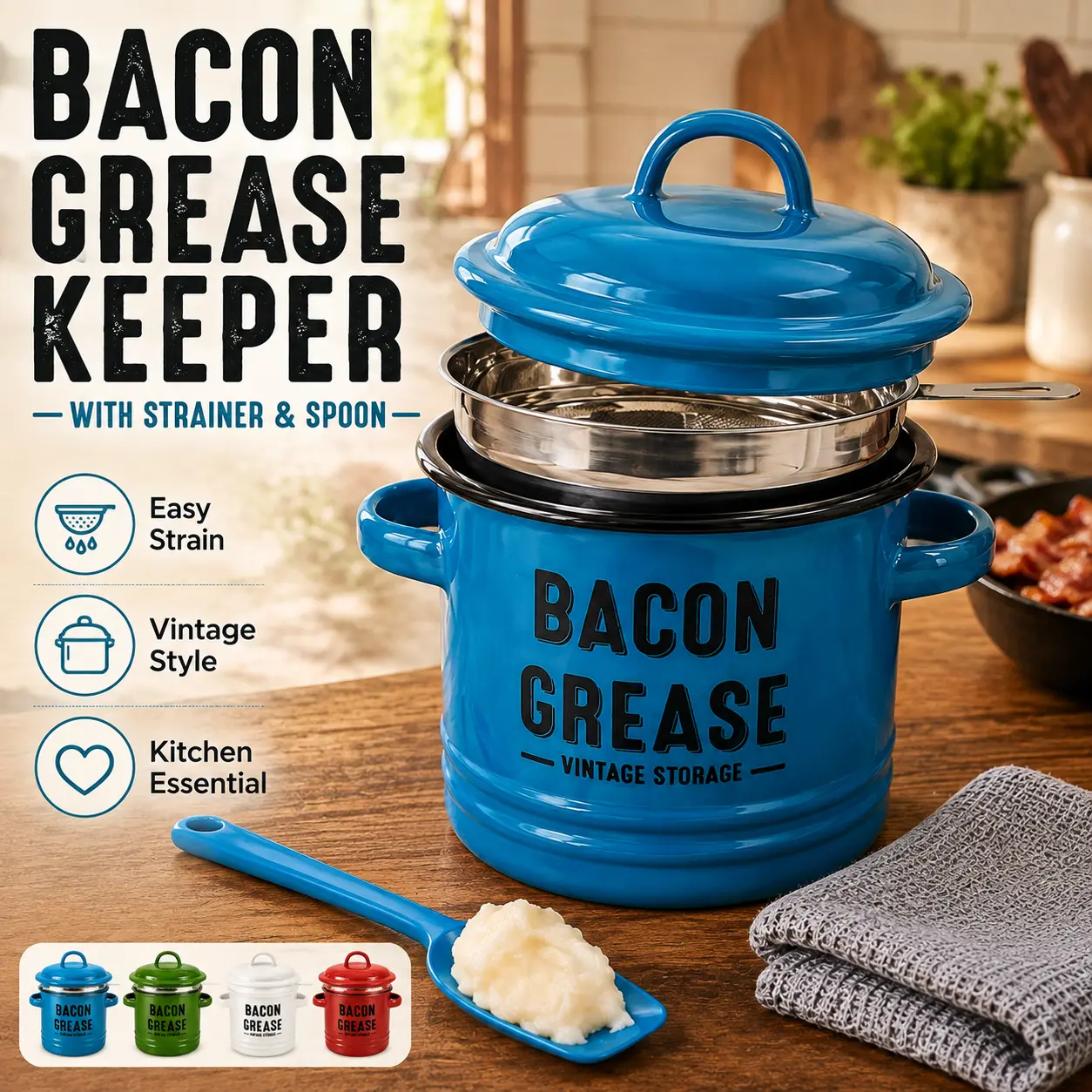 Vintage 5-Piece Bacon Grease Keeper Set - Enamel Can Bacon Grease Container, 46oz Kitchen Food Storage Canister, Stainless Steel Strainer, Spoon, Lid, Cleaning Cloth Utensils Cooking Aid