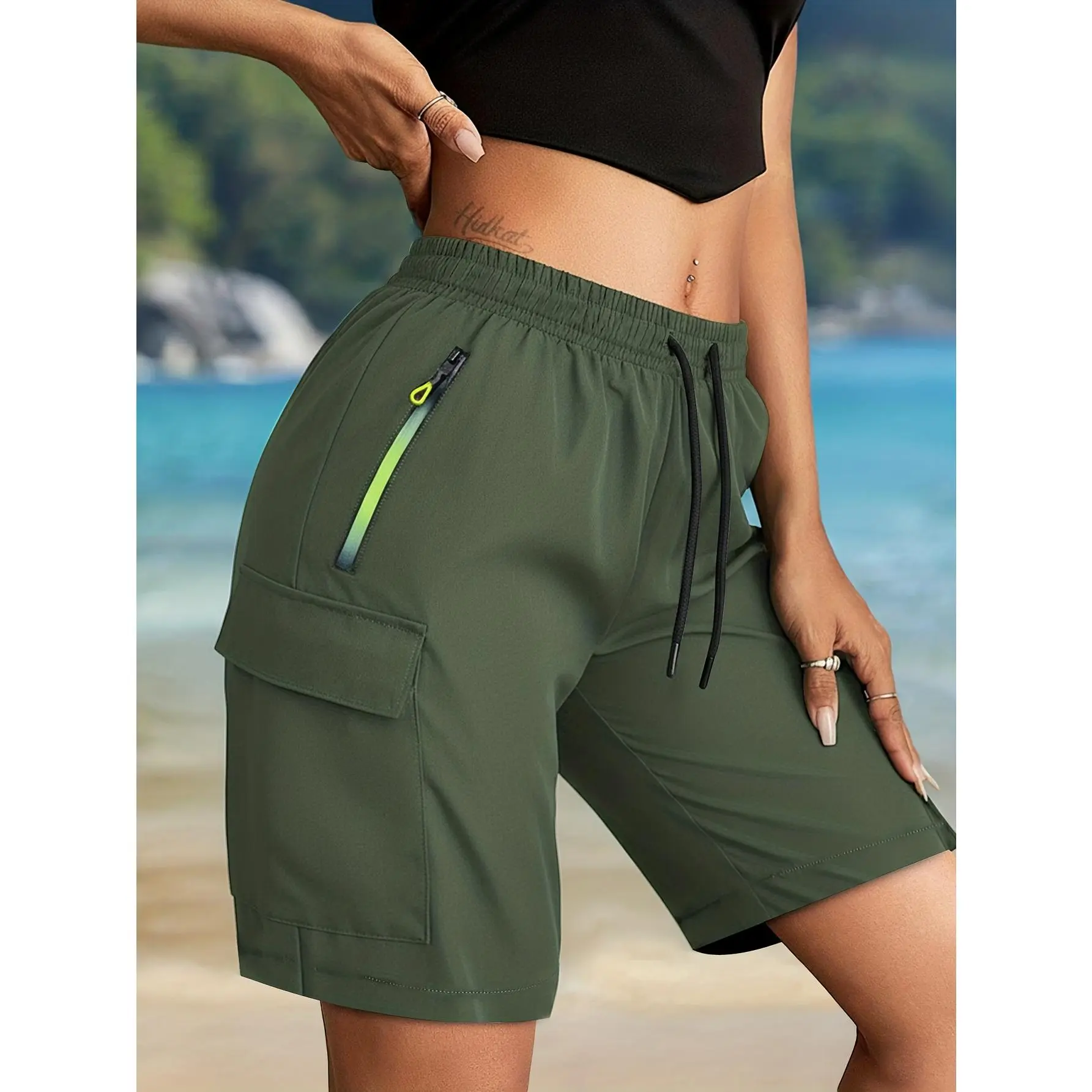 Women's Summer Olive Green Cargo Shorts - Lightweight Knee-Length, Adjustable Drawstring Waist & Multi/Zippered Pockets, Non-Stretch Casual/Outdoor Wear