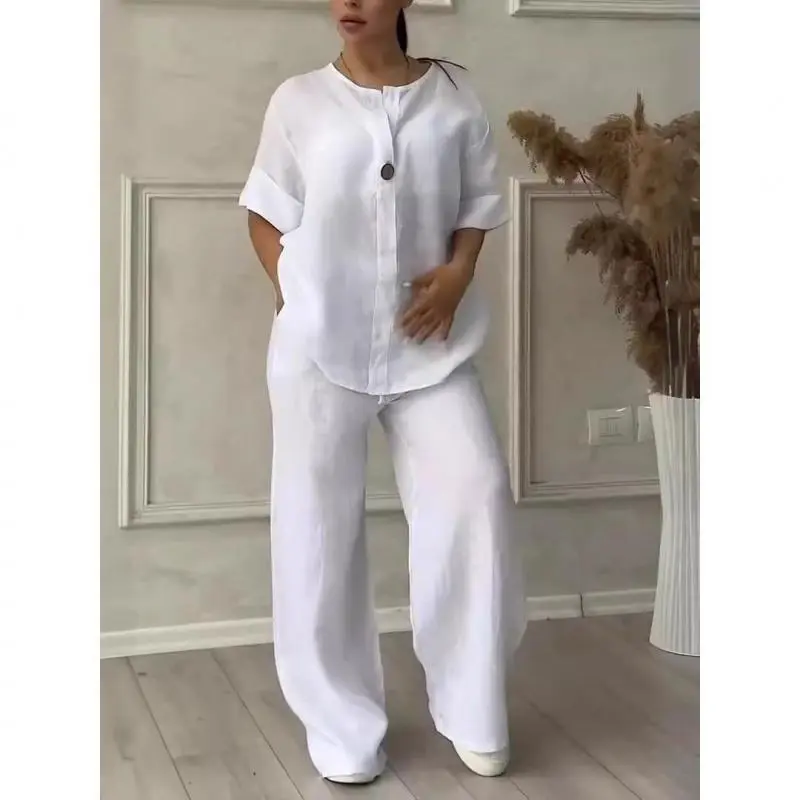 Women's 2-Piece Cotton Linen Set - Casual Lounge Sleep Wear with Short Sleeves Round Neck Batwing Top & Wide-Leg Baggy Pants, Multi-Size Minimalist Loungewear for Yoga Fitness