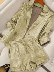A set of women's golden suit with solid textured blazer and shorts, suitable for autumn and winter, suitable for home, indoor, and outdoor wear