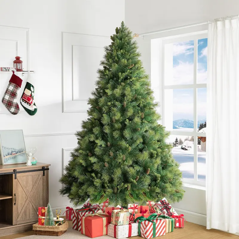7.5ft Prelit Artificial Christmas Tree with Pine Cones, Foot Pedal, 1556 Branch Tips, 750 Warm Lights, and a Sturdy Metal Stand, 61" Wide Realistic Traditional Christmas Tree.