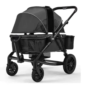 VEVOR All-Terrain Stroller Wagon, 2 Seats Foldable Expedition 2-in-1 Collapsible Wagon Stroller, Includes Canopy, Parent Organizer, Snack Tray Cup Holders, 55lbs for Single Seat, Dark Grey/Black
