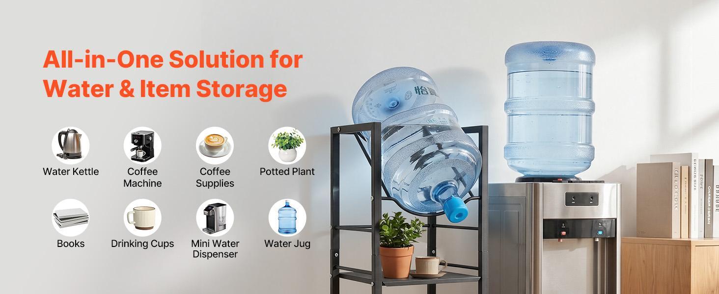 【Summerfinds】VEVOR Water Jug Holder5 Tiers 3 and 5 Gallon Water Bottle Holder for 4 BottlesHeavy Duty Jug Rack Organizer with Storage ShelfAdjustable Feetand Handlefor KitchenOfficeLiving RoomBlack