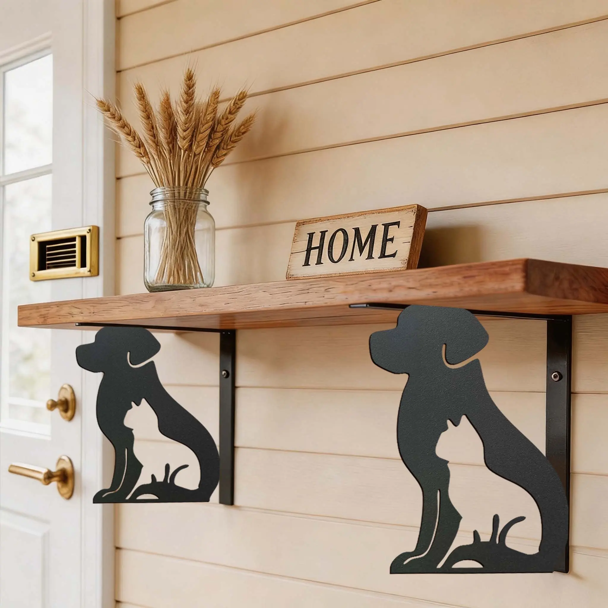 Dog-themed cutout floating shelf brackets (set of 2) — Sturdy, durable, and easy-to-install wall-mounted brackets blending Asian Zen aesthetics; suitable for storage and decorative display in kitchens, bathrooms, bedrooms, and balconies.