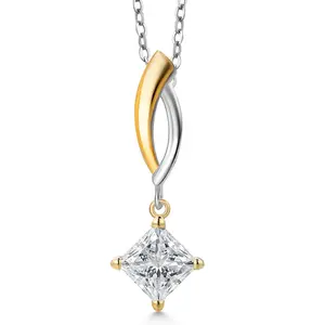Gem Stone King 1.00 Cttw IGI Certified Lab Grown Diamond in 925 Silver and 10K Yellow Gold Pendant for Women | Princess | D-E Color | VS1-VS2 Clarity | Gold Necklace for Women | 18 Inch Silver Chain