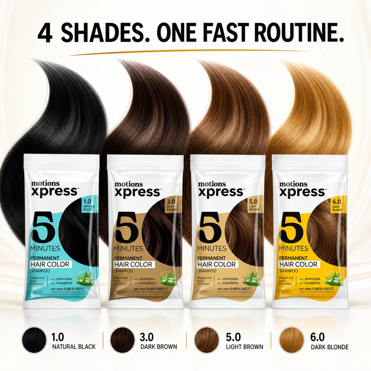 Motions Xpress 5-Minute Permanent Hair Color Shampoo, Gray Coverage Hair Dye Shampoo with Aloe Vera, Ammonia & Paraben Free, 4 Color Options