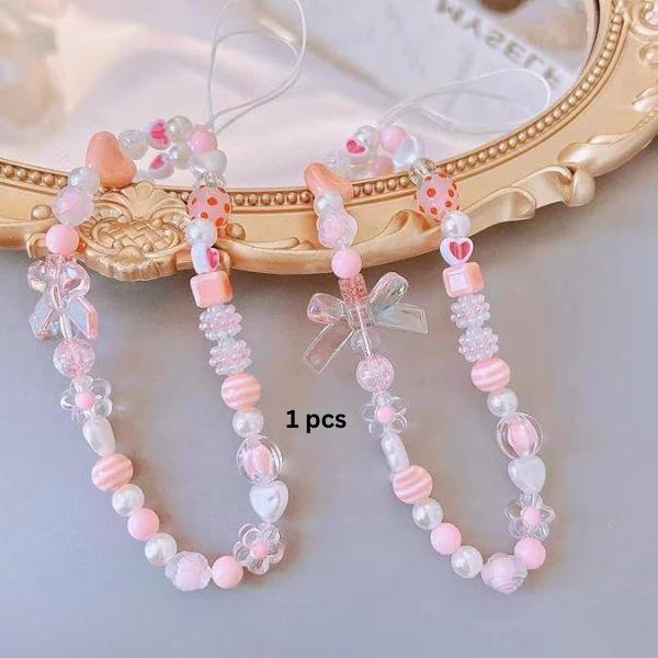 Cute Phone Charms Strap for Smartphones – Aesthetic Beaded Pearl Love Chain Phone Lanyard, Kawaii Phone Jewelry Wrist Strap, Perfect for Christmas Gift