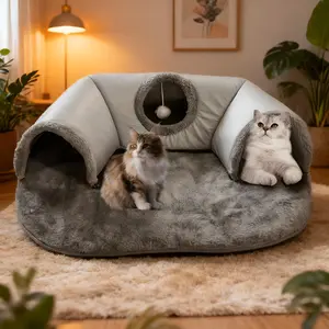 Three-In-One Comfort Cat Tunnel Bed Mat with Non-Slip Base, Play Pad & Warm Nest for Small to Medium Cats, Rabbits & Hamsters，Lightweight Removable