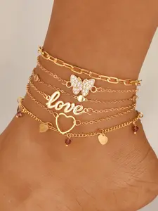 Women's Love Butterfly Heart Anklet Set, Exquisite Jewelry Gift, Fashionable Sexy Ankle Bracelets for Party Beach Vacation
