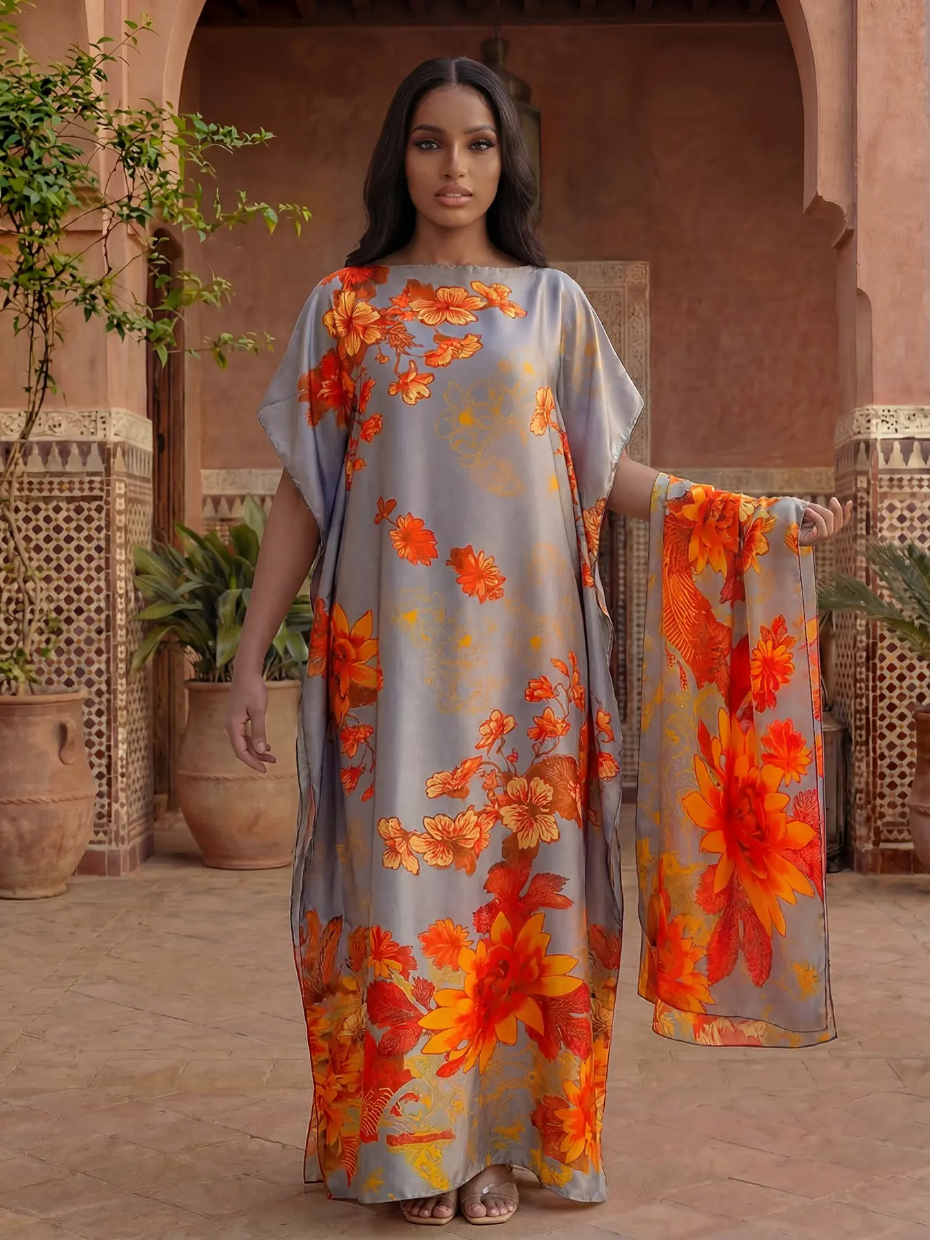 Women's Floral Print Robe Set, Casual Fashion Long Dress + Headscarf Scarf Hairband, Beach Sun Protection Satin Silk Shawl, Lady, Boho Fit Casual