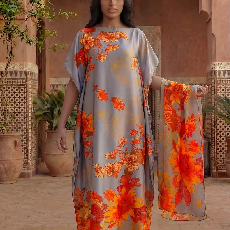 Women's Floral Print Robe Set, Casual Boho Elegant Chic Fashion Long Dress + Headscarf Scarf Hairband, Beach Sun Protection Shawl Lady, Casual Wear, Womenswear