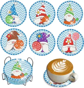 6 PCS Colorful Stylish Christmas Gnome Diamond Art Coasters Set with Holder, DIY Diamond Painting Cup Mats for Adults, Handmade Craft Home Decor Gift